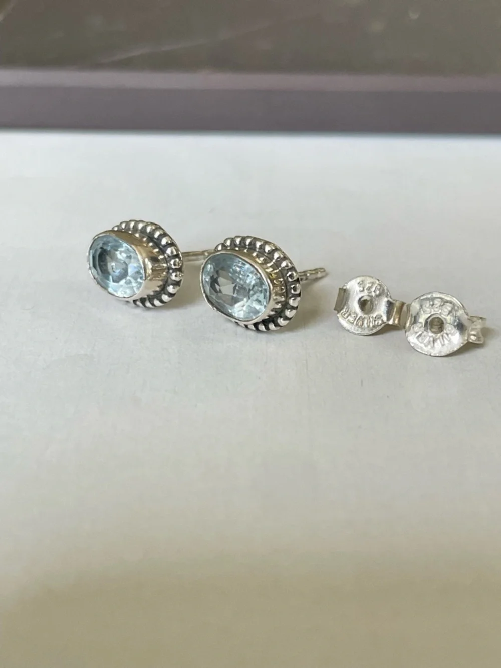 Blue Topaz stud Earrings 925 Sterling Silver,     V I B E S